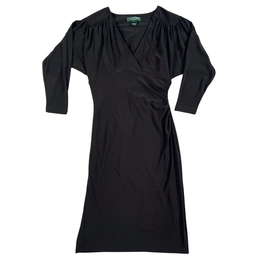 Lauren Ralph Lauren Dress Womens 4 Black Jersey Knit Dolman Sleeve Shirred